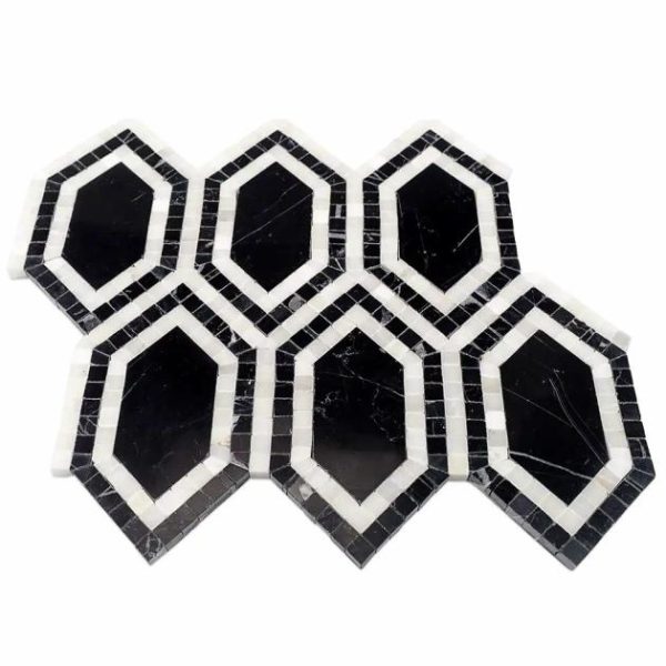 Asian Statuary | 1 sq. ft. Infinity Nero & Asian Statuary Hexagon Marble Polished Mosaic Tile Nero Marquina Asian Statuary Asian Statuary