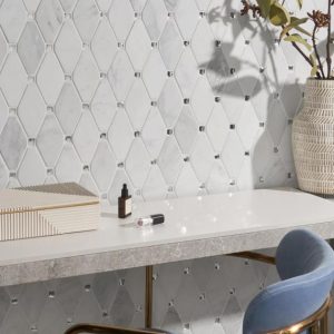 Asian Statuary | 1 sq. ft. Reflection White Asian Statuary 3×5 Diamond & Mirror Polished Marble & Glass Mosaic Tile Asian Statuary Asian Statuary Asian Statuary