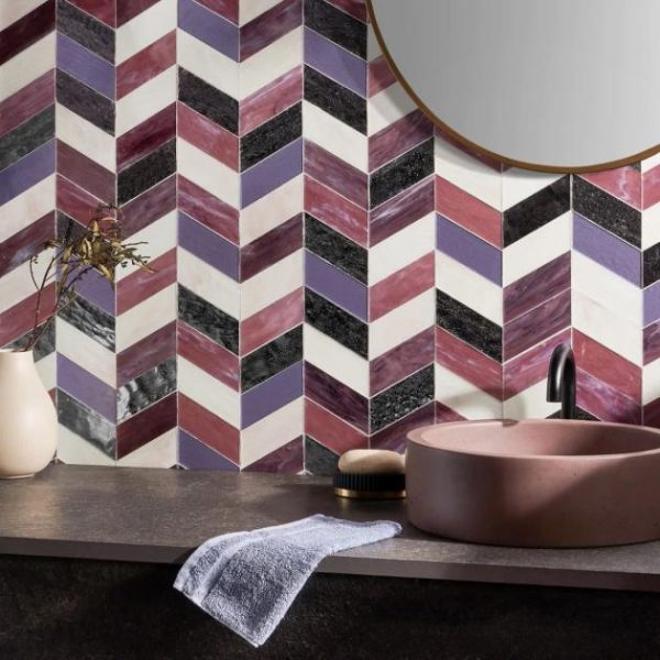 Backsplash & Kitchen | 1 sq. ft. Elizabeth Sutton Meta Fiji Purple 2×5 Chevron Glossy Glass Mosaic Tile Fiji Backsplash & Kitchen Backsplash & Kitchen