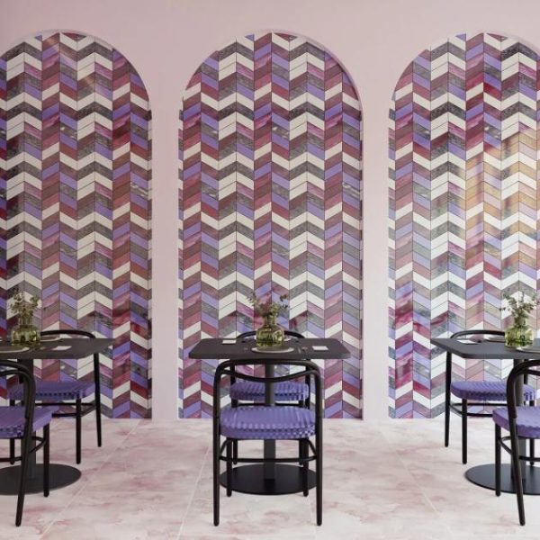 Backsplash & Kitchen | 1 sq. ft. Elizabeth Sutton Meta Fiji Purple 2×5 Chevron Glossy Glass Mosaic Tile Fiji Backsplash & Kitchen Backsplash & Kitchen