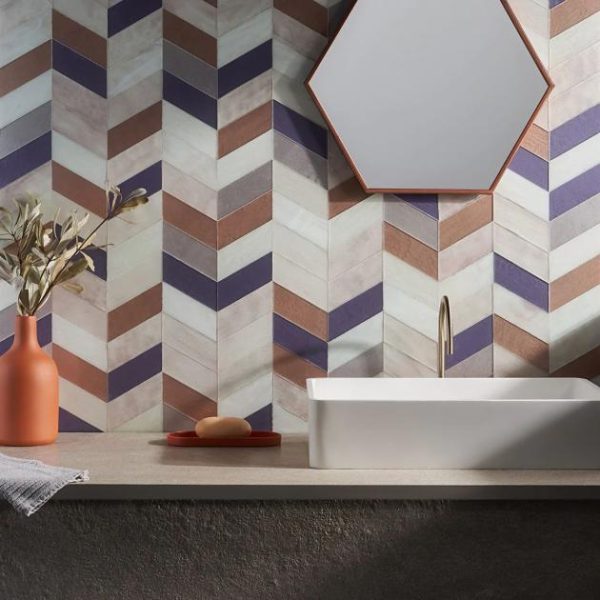 Backsplash & Kitchen | 1 sq. ft. Elizabeth Sutton Meta Rio Rose Gold 2×5 Chevron Glossy Glass Mosaic Tile Rio Backsplash & Kitchen Backsplash & Kitchen