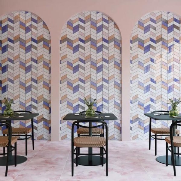 Backsplash & Kitchen | 1 sq. ft. Elizabeth Sutton Meta Rio Rose Gold 2×5 Chevron Glossy Glass Mosaic Tile Rio Backsplash & Kitchen Backsplash & Kitchen