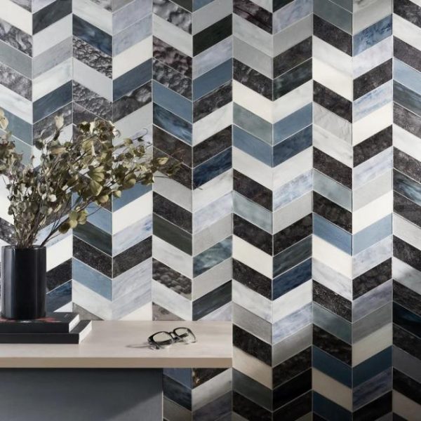 Backsplash & Kitchen | 1 sq. ft. Elizabeth Sutton Meta Zanzibar Dark Silver 2×5 Chevron Glossy Glass Mosaic Tile Zanzibar Backsplash & Kitchen Backsplash & Kitchen