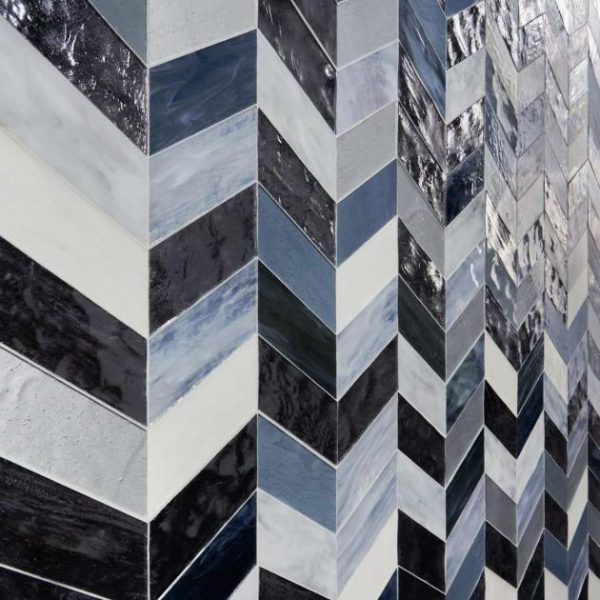 Backsplash & Kitchen | 1 sq. ft. Elizabeth Sutton Meta Zanzibar Dark Silver 2×5 Chevron Glossy Glass Mosaic Tile Zanzibar Backsplash & Kitchen Backsplash & Kitchen