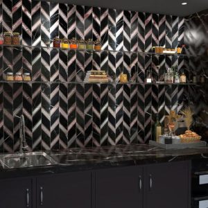 Backsplash & Kitchen | 1 sq. ft. Magma Chevron Barcelona Nero Marquina Black and Iron Lava Stone Polished Mosaic Tile Black Iron Backsplash & Kitchen Backsplash & Kitchen