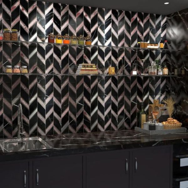 Backsplash & Kitchen | 1 sq. ft. Magma Chevron Barcelona Nero Marquina Black and Iron Lava Stone Polished Mosaic Tile Black Iron Backsplash & Kitchen Backsplash & Kitchen