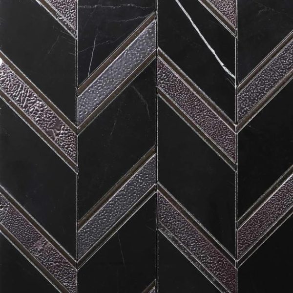 Backsplash & Kitchen | 1 sq. ft. Magma Chevron Barcelona Nero Marquina Black and Iron Lava Stone Polished Mosaic Tile Black Iron Backsplash & Kitchen Backsplash & Kitchen