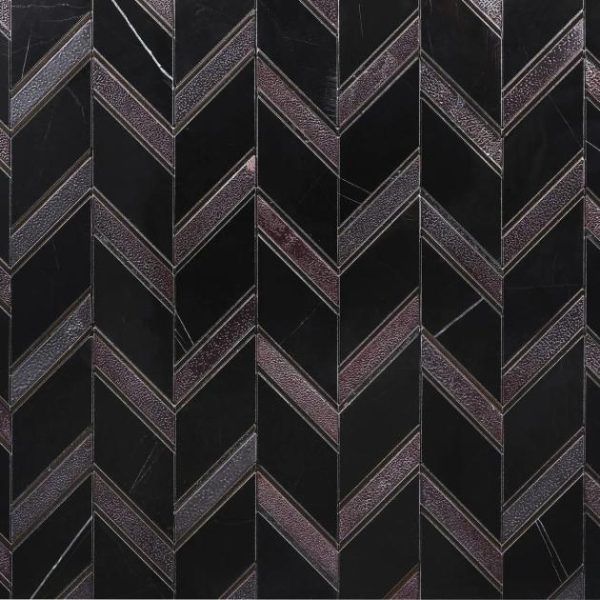 Backsplash & Kitchen | 1 sq. ft. Magma Chevron Barcelona Nero Marquina Black and Iron Lava Stone Polished Mosaic Tile Black Iron Backsplash & Kitchen Backsplash & Kitchen