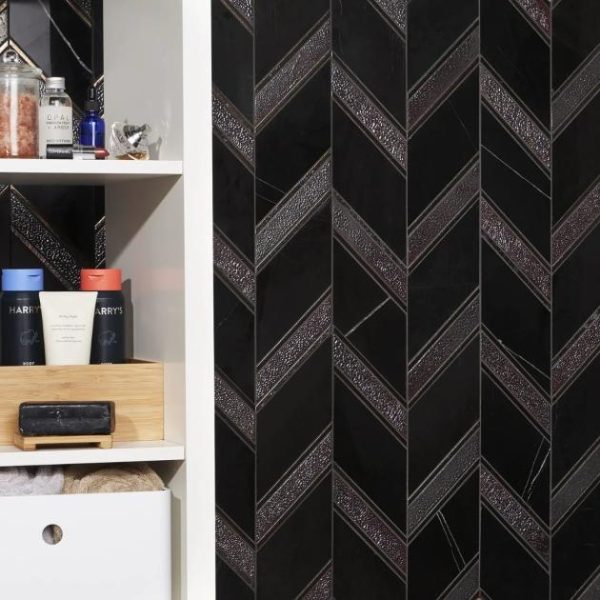 Backsplash & Kitchen | 1 sq. ft. Magma Chevron Barcelona Nero Marquina Black and Iron Lava Stone Polished Mosaic Tile Black Iron Backsplash & Kitchen Backsplash & Kitchen