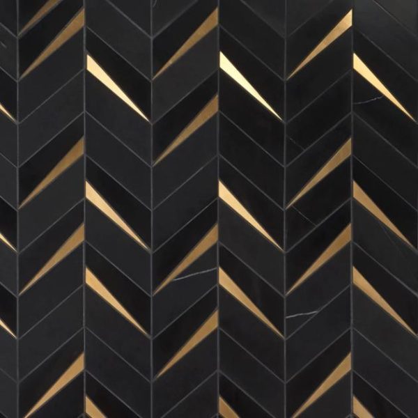 Backsplash & Kitchen | 1 sq. ft. Vara Nero Polished Marble and Brass Mosaic Tile Nero Backsplash & Kitchen Backsplash & Kitchen