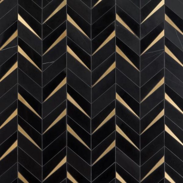 Backsplash & Kitchen | 1 sq. ft. Vara Nero Polished Marble and Brass Mosaic Tile Nero Backsplash & Kitchen Backsplash & Kitchen