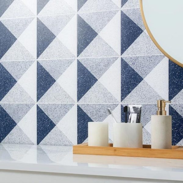 Bathroom | 1 sq. ft. Art Geo Terrazzo Deco Blue 8×8 Matte Porcelain Tile Terrazzo Deco Navy Bathroom Bathroom