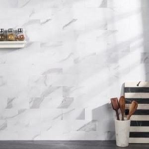 Bathroom | 1 sq. ft. Calacatta LPS White 3×6 Brick Seamless Solid Core Peel & Stick Self Adhesive Marble Look Matte Tile Brick 3X6 Bathroom Bathroom