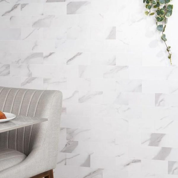 Bathroom | 1 sq. ft. Calacatta LPS White 3×6 Brick Seamless Solid Core Peel & Stick Self Adhesive Marble Look Matte Tile Brick 3X6 Bathroom Bathroom