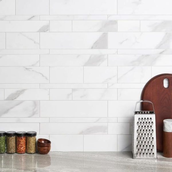 Bathroom | 1 sq. ft. Calacatta LPS White Railroad Solid Core Peel & Stick Self Adhesive Marble Look Matte Mosaic Tile Railroad Backsplash & Kitchen Backsplash & Kitchen