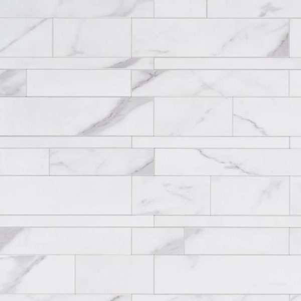 Bathroom | 1 sq. ft. Calacatta LPS White Railroad Solid Core Peel & Stick Self Adhesive Marble Look Matte Mosaic Tile Railroad Backsplash & Kitchen Backsplash & Kitchen