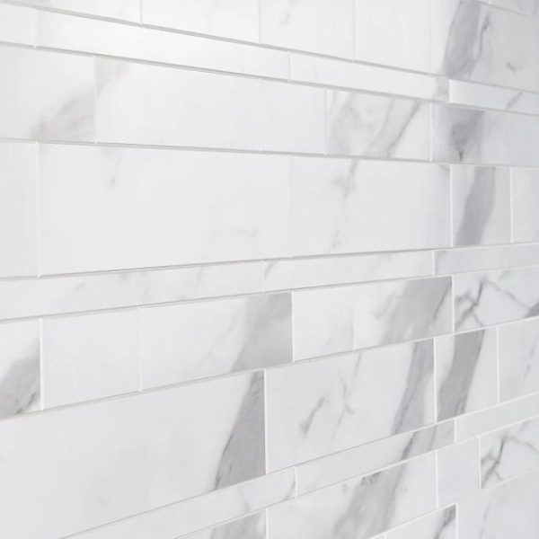 Bathroom | 1 sq. ft. Calacatta LPS White Railroad Solid Core Peel & Stick Self Adhesive Marble Look Matte Mosaic Tile Railroad Backsplash & Kitchen Backsplash & Kitchen