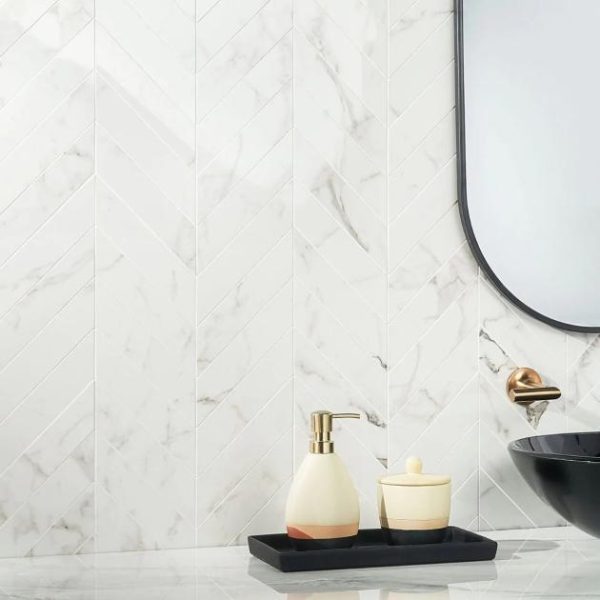 Bathroom | 1 sq. ft. DreamStone Statuario Venato 2×8 Chevron Polished Porcelain Mosaic Venato 2X8 Backsplash & Kitchen Backsplash & Kitchen