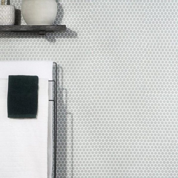 Bathroom | 1 sq. ft. Eden Modern Gray Rimmed 1″ Penny Round Polished Porcelain Mosaic Gray Bathroom Bathroom