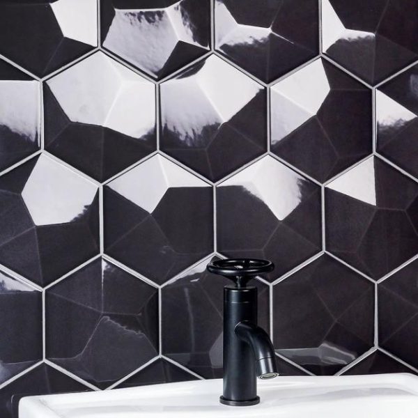 Bathroom | 1 sq. ft. Exagoni Dimension Dark Gray 6×7 3D Hexagon Grafito Polished Ceramic Wall Tile Dimension Gray Polished Bathroom Bathroom