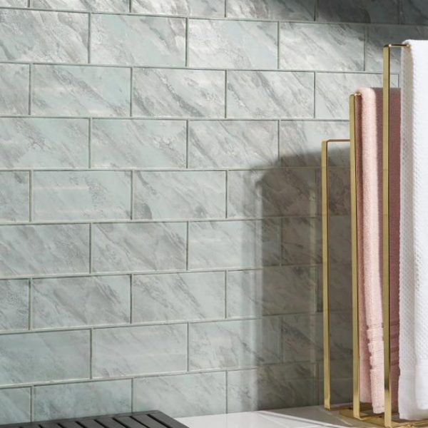 Bathroom | 1 sq. ft. Gem Moonstone Silver 4×9 Polished Glass Tile Silver Bathroom Bathroom