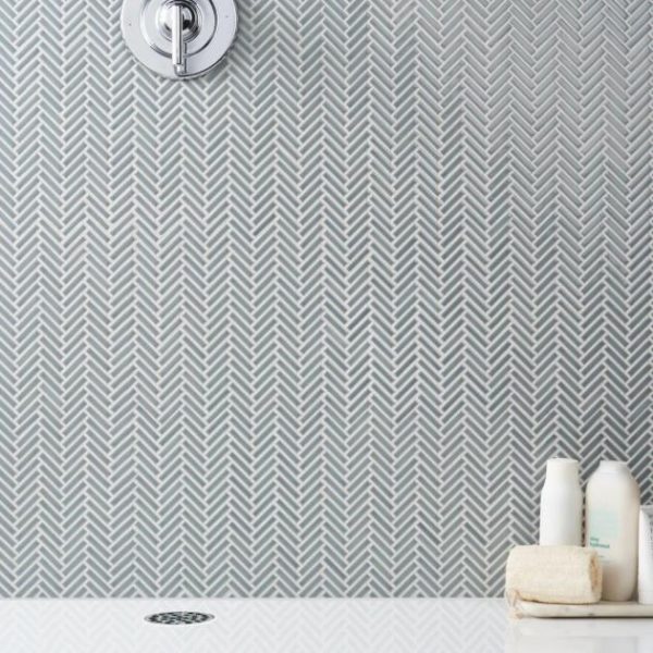 Bathroom | 1 sq. ft. Kai Sky Blue 1×2″ Herringbone Glossy Porcelain Mosaic Tile Sky Blue Herringbone Backsplash & Kitchen Backsplash & Kitchen