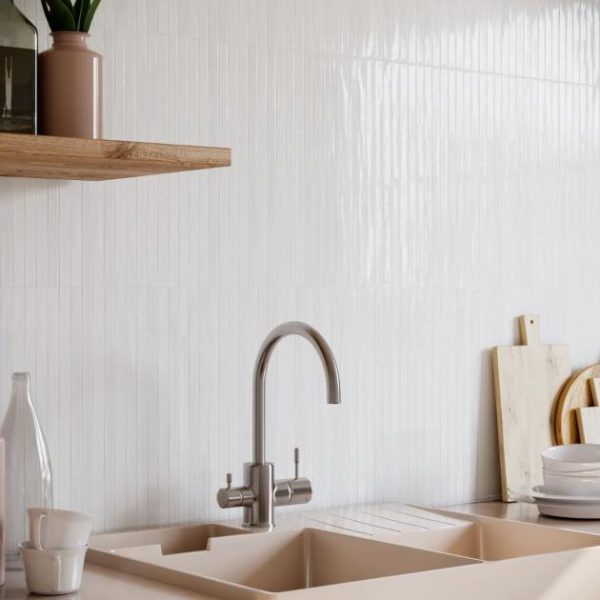 Bathroom | 1 sq. ft. Kanbina Blanco White 5×18 Glossy Ceramic Mosaic Tile Blanco Backsplash & Kitchen Backsplash & Kitchen