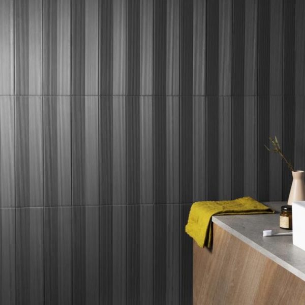 Bathroom | 1 sq. ft. Kinzie Concave Charcoal Black 4×16 3D Matte Ceramic Tile Dark Gray Concave Bathroom Bathroom