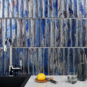 Bathroom | 1 sq. ft. Komorebi Brick Bayou Blue 2×12 Polished Glass Subway Tile Bayou Blue Backsplash & Kitchen Backsplash & Kitchen