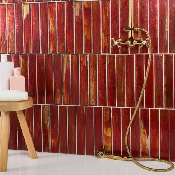 Bathroom | 1 sq. ft. Komorebi Brick Bonfire Red 2×12 Polished Glass Subway Tile Bonfire Red Backsplash & Kitchen Backsplash & Kitchen