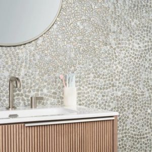 Bathroom | 1 sq. ft. Komorebi Pebble Mineral Ice Gray Polished Glass Mosaic Tile Ice Gray Backsplash & Kitchen Backsplash & Kitchen