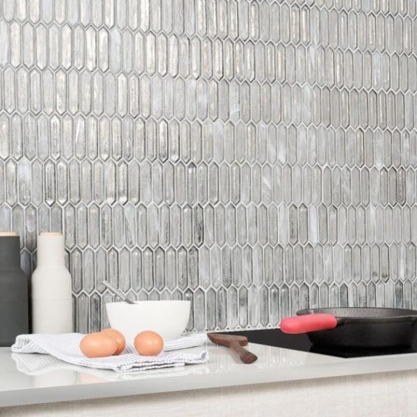 Bathroom | 1 sq. ft. Komorebi Picket Mineral Ice Gray 1×3 Polished Glass Mosaic Tile Ice Gray Backsplash & Kitchen Backsplash & Kitchen