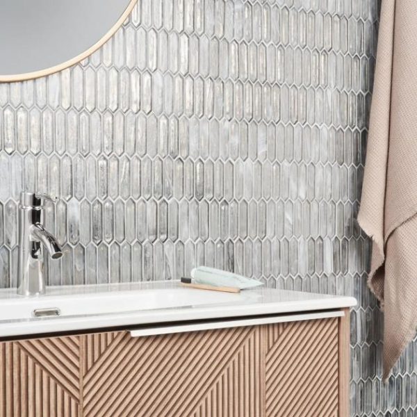 Bathroom | 1 sq. ft. Komorebi Picket Mineral Ice Gray 1×3 Polished Glass Mosaic Tile Ice Gray Backsplash & Kitchen Backsplash & Kitchen