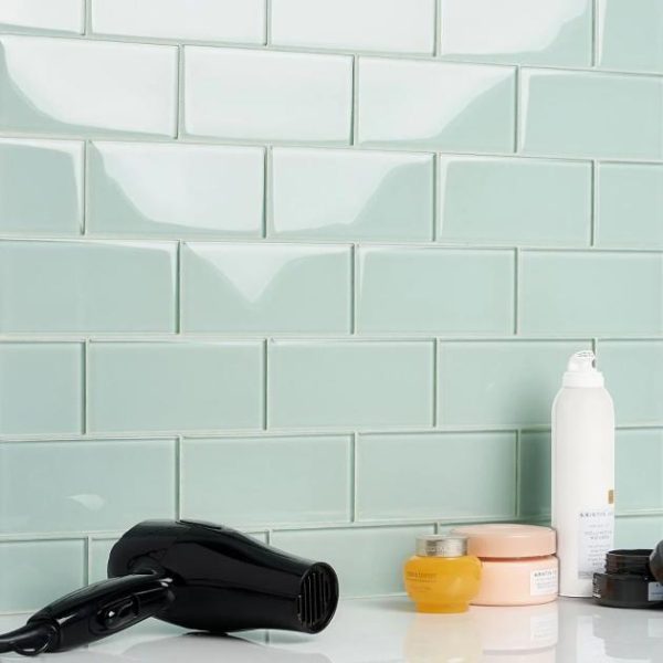 Bathroom | 1 sq. ft. Loft Seafoam Green 3×6 Polished Glass Subway Tile Seafoam Backsplash & Kitchen Backsplash & Kitchen