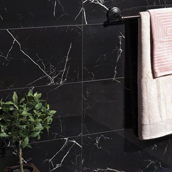 Bathroom | 1 sq. ft. Marble Tech Port Laurent 12×24 Polished Nero Marquina Look Porcelain Tile Black Polished Bathroom Bathroom