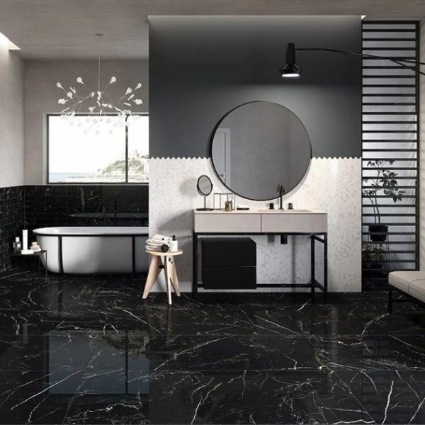 Bathroom | 1 sq. ft. Marble Tech Port Laurent 12×24 Polished Nero Marquina Look Porcelain Tile Black Polished Bathroom Bathroom