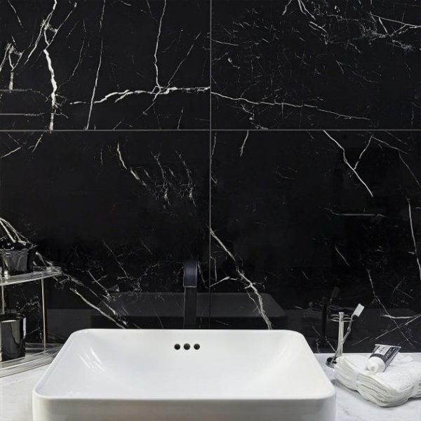 Bathroom | 1 sq. ft. Marble Tech Port Laurent 24×24 Polished Nero Marquina Look Porcelain Tile Black Polished Bathroom Bathroom