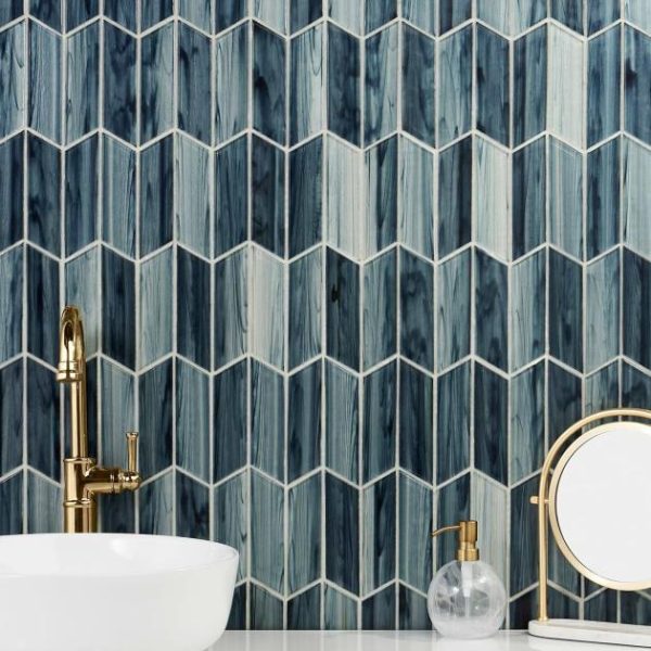 Bathroom | 1 sq. ft. Maya Chevron Dusk Blue 2×7 Polished Glass Mosaic Tile Chevron Dusk Backsplash & Kitchen Backsplash & Kitchen