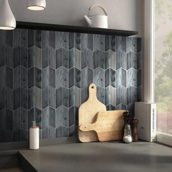 Bathroom | 1 sq. ft. Maya Chevron Dusk Blue 2×7 Polished Glass Mosaic Tile Chevron Dusk Backsplash & Kitchen Backsplash & Kitchen