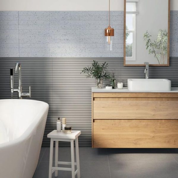 Bathroom | 1 sq. ft. Mod Smoke Gray 12×36 3D Fluted Matte Ceramic Tile  Smoke Gray Bathroom Bathroom