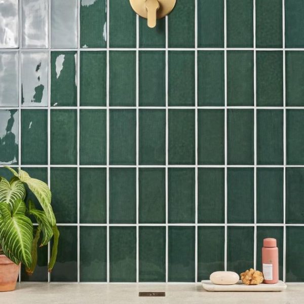 Bathroom | 1 sq. ft. Nabi Glass Deep Emerald Green 4.5×9 Subway Polished Glass Tile Midnight Blue Backsplash & Kitchen Backsplash & Kitchen