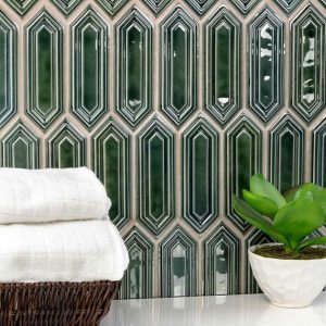 Bathroom | 1 sq. ft. Nabi Picket Deep Emerald 3×9 Picket Crackled Glass Tile Deep Emerald Bathroom Bathroom