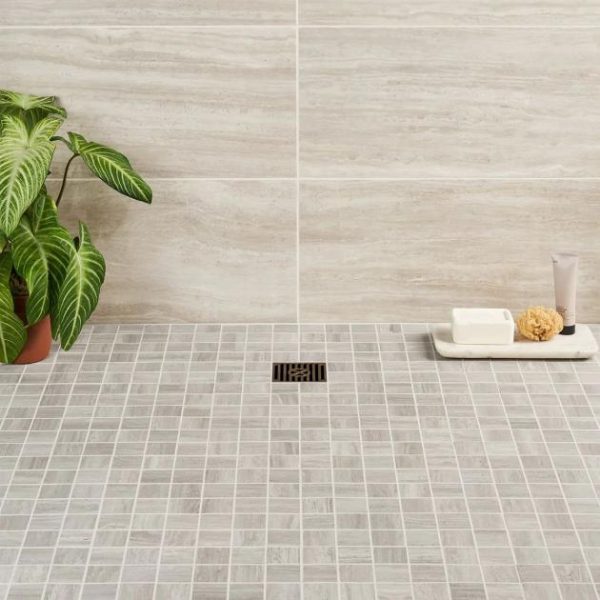 Bathroom | 1 sq. ft. Nashville Gray 2×2 Travertine Look Matte Porcelain Mosaic Tile Gray Matte Bathroom Bathroom