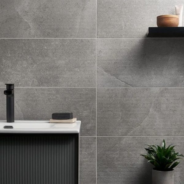 Bathroom | 1 sq. ft. New Rock Fossil Dark Gray 12×24 Chiseled Limestone Look Matte Porcelain Tile  Dark Gray Chiseled Bathroom Bathroom