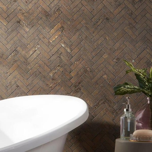 Bathroom | 1 sq. ft. Portrait Copper 1×4 Herringbone Matte Porcelain Mosaic Tile Copper Backsplash & Kitchen Backsplash & Kitchen