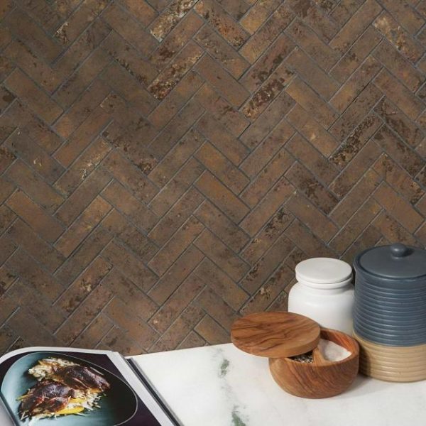 Bathroom | 1 sq. ft. Portrait Copper 1×4 Herringbone Matte Porcelain Mosaic Tile Copper Backsplash & Kitchen Backsplash & Kitchen