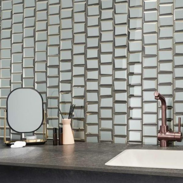 Bathroom | 1 sq. ft. Rumi Glam Slate Gray 2×3 Polished Mirrored Glass Mosaic Tile Slate Backsplash & Kitchen Backsplash & Kitchen