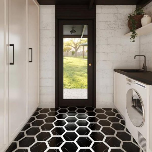 Bathroom | 1 sq. ft. Sagon Nero Black 9″ Hexagon Matte Porcelain Tile Nero Black Bathroom Bathroom