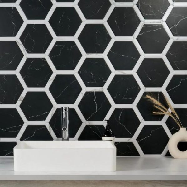 Bathroom | 1 sq. ft. Sagon Nero Black 9″ Hexagon Matte Porcelain Tile Nero Black Bathroom Bathroom