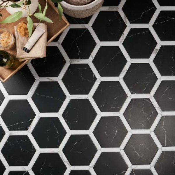 Bathroom | 1 sq. ft. Sagon Nero Black 9″ Hexagon Matte Porcelain Tile Nero Black Bathroom Bathroom